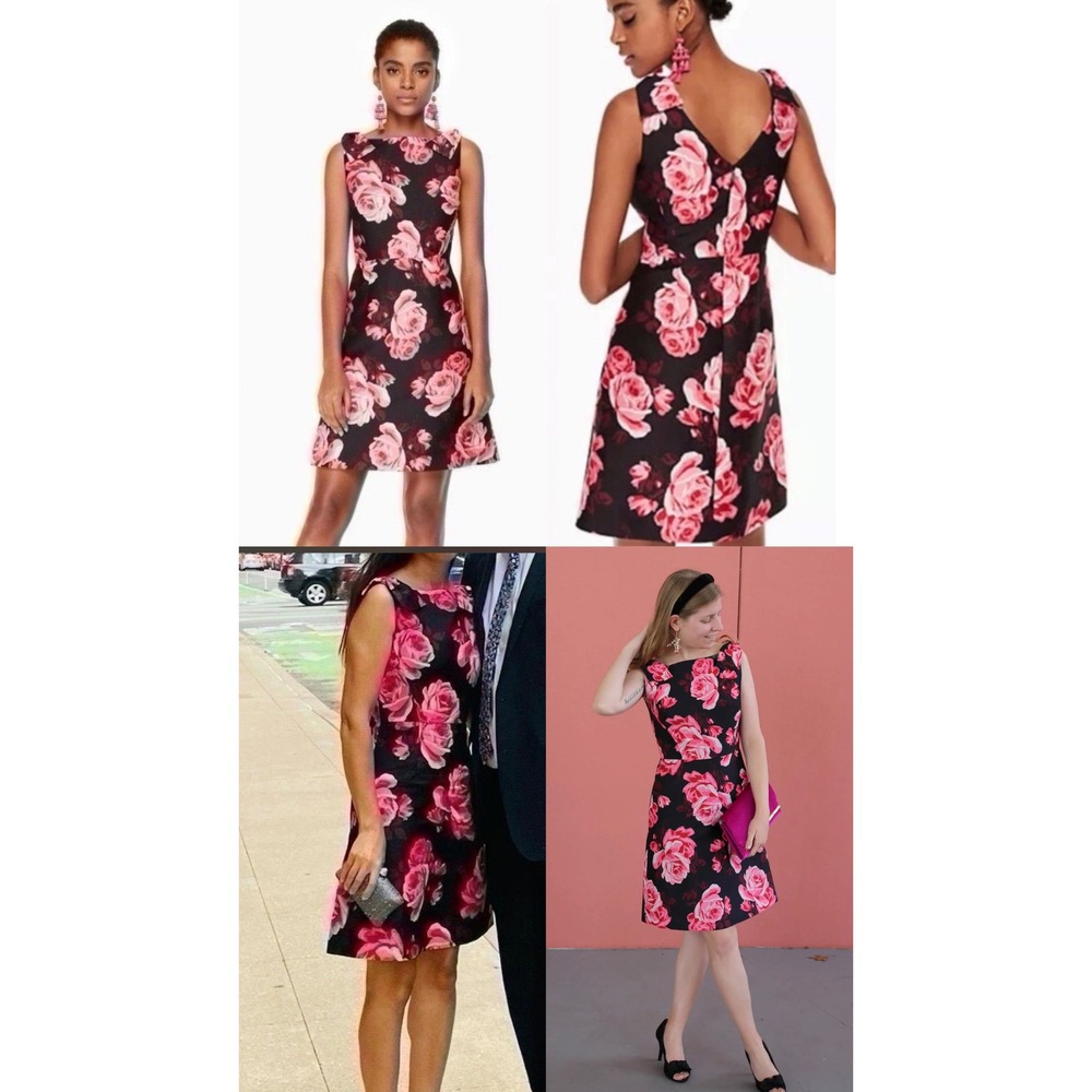 Kate Spade New York Pink Rose Floral Fit and Flare Dress Black Sleeveless Size 2